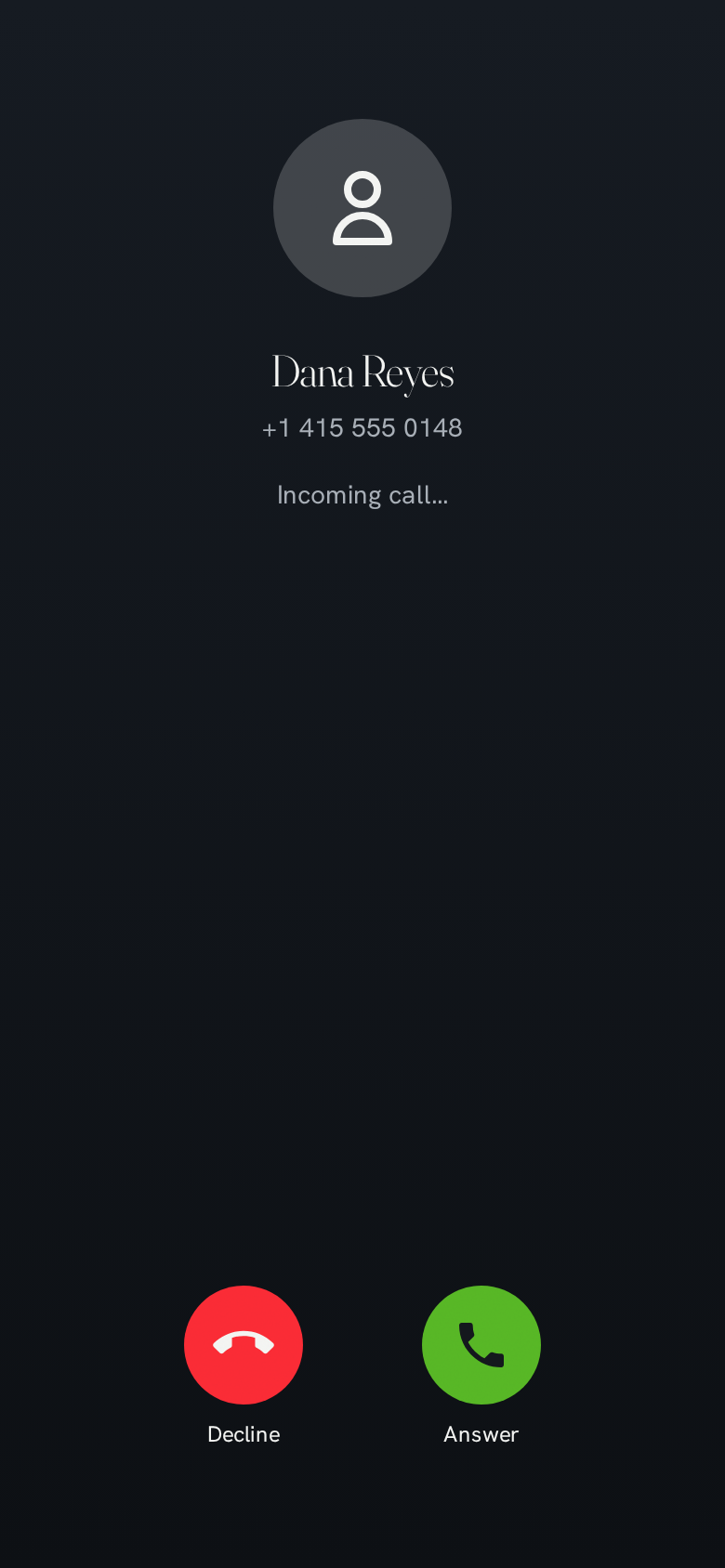 Sellphone app — incoming call from Dana Reyes with Answer and Decline buttons